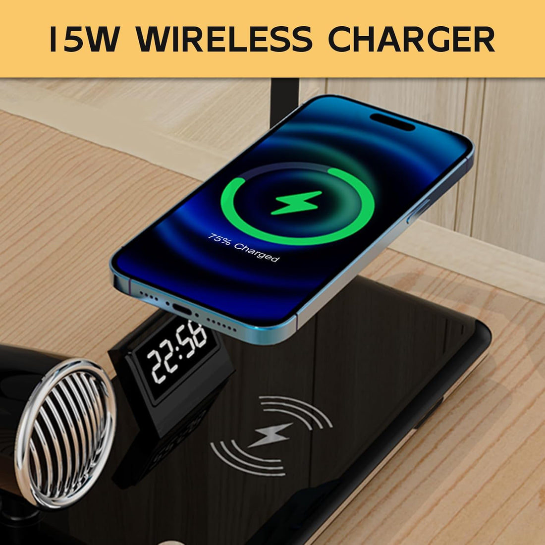 4-in-1 Wireless Charger Touch Switch, All Iphone and Android Model with BT Speaker,digital clock,and 3 Color LED Lamp