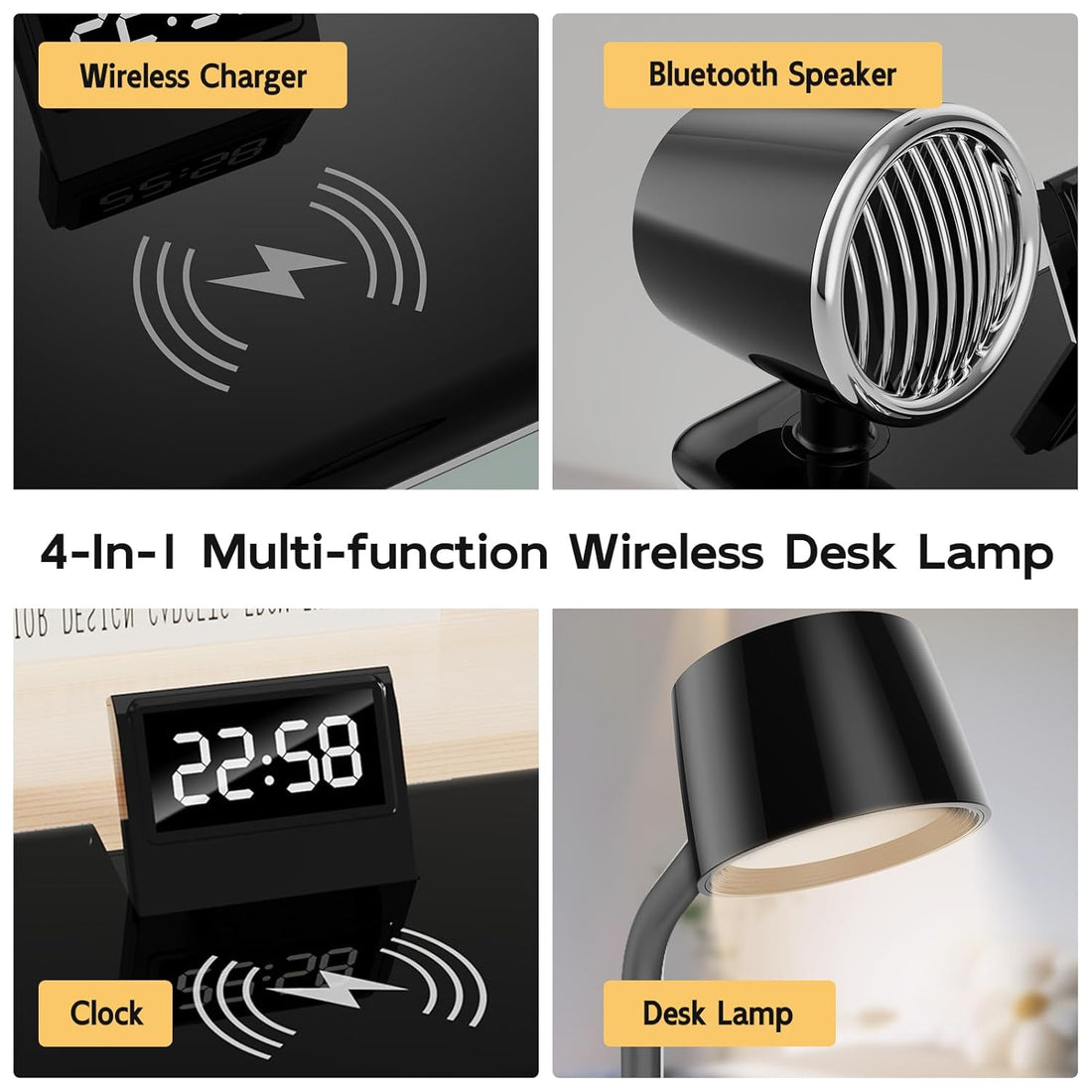 4-in-1 Wireless Charger Touch Switch, All Iphone and Android Model with BT Speaker,digital clock,and 3 Color LED Lamp