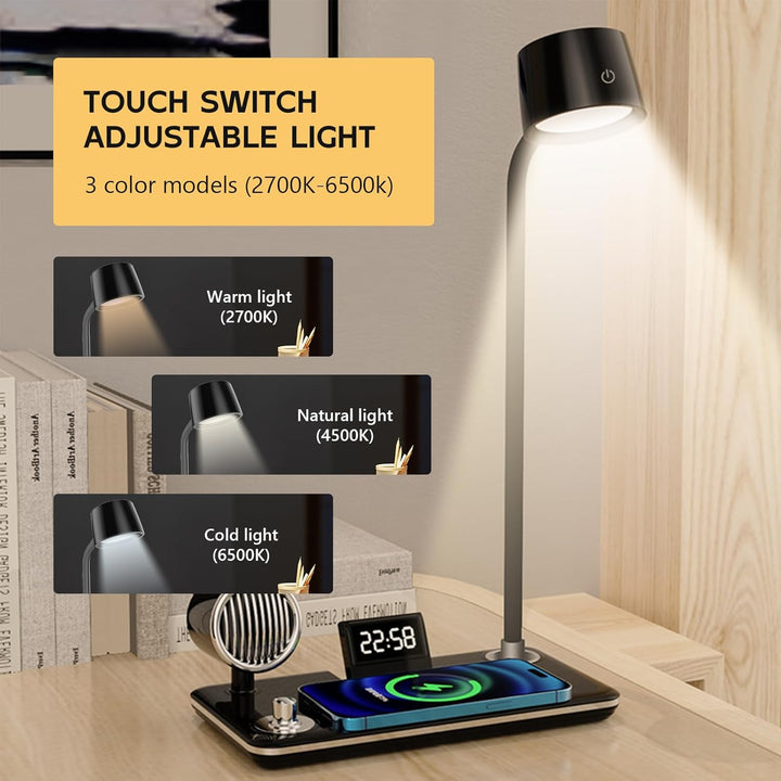 4-in-1 Wireless Charger Touch Switch, All Iphone and Android Model with BT Speaker,digital clock,and 3 Color LED Lamp